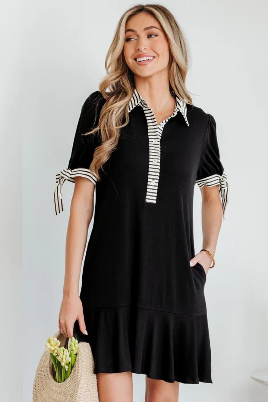 NWT She+Sky Polo Collar Half Buttons Short Sleeve Shift Mini Dress Black 2XL